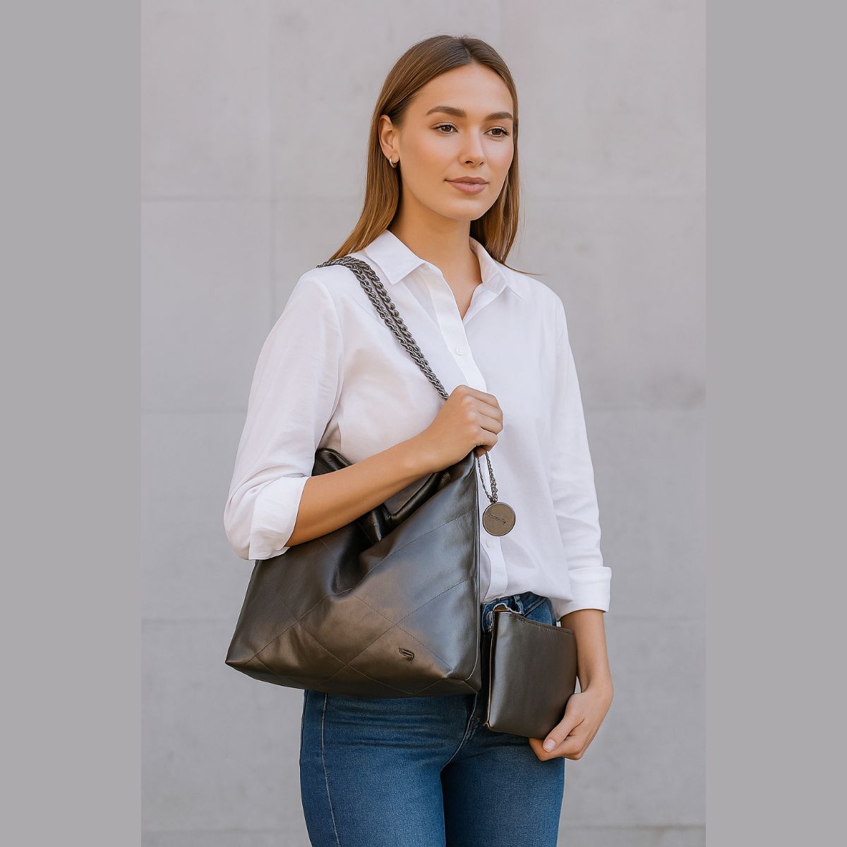 KIT Bolsa Feminina Saco Alça Correntes Necessaire