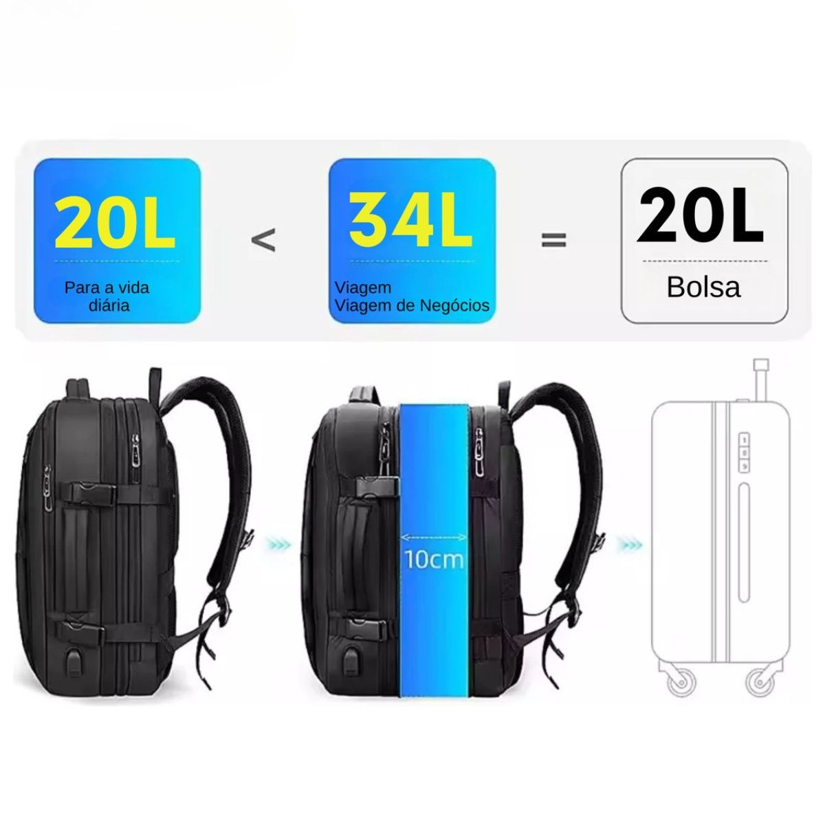 Mochila Bolsa Notebook Executiva 17,3 Polegadas Escolar Impermeável Viagem Expansível 20 à 34L