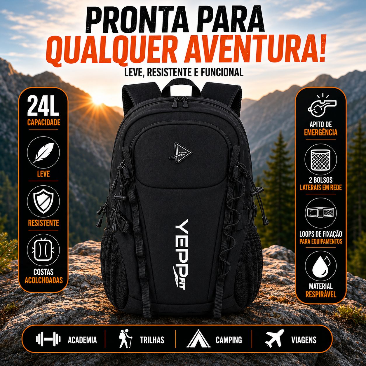 Mochila 24L Leve Resistente Academia Trilha Viagem com Apito