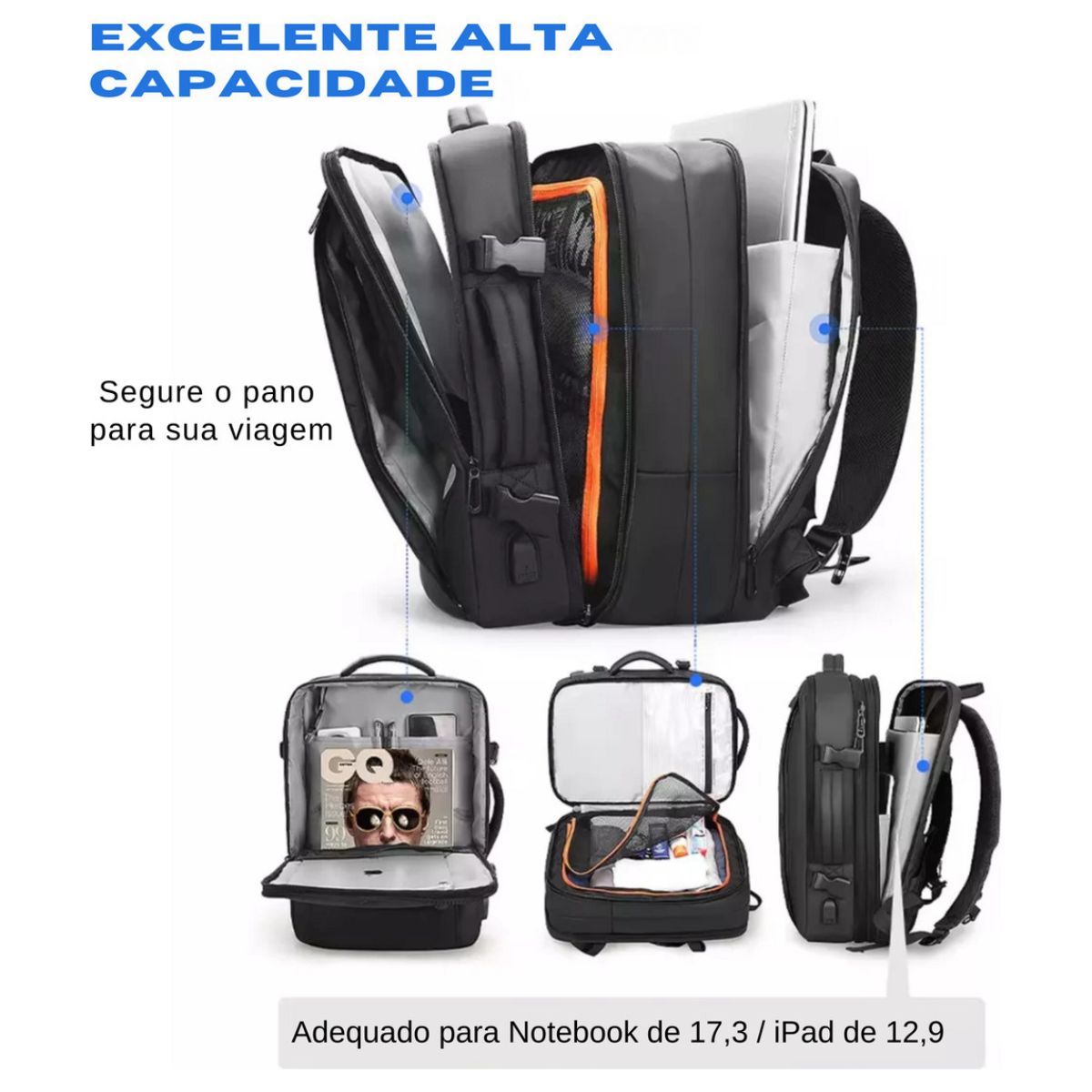 Mochila Bolsa Notebook Executiva 17,3 Polegadas Escolar Impermeável Viagem Expansível 20 à 34L