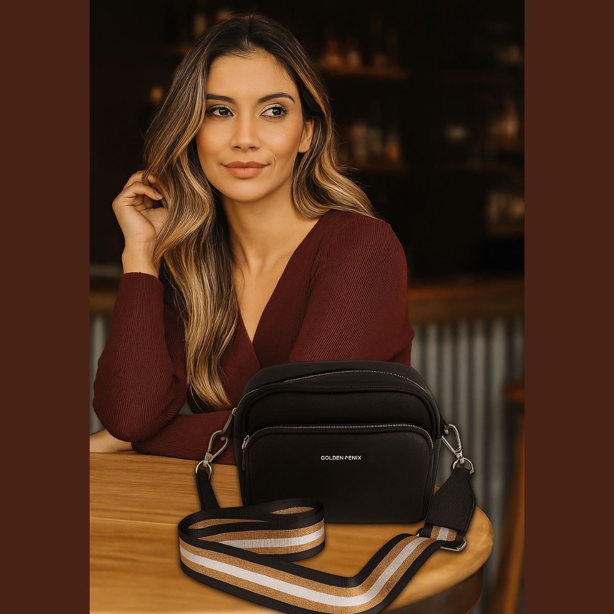 Bolsa Transversal Golden Fenix com Alça Listrada Resistente