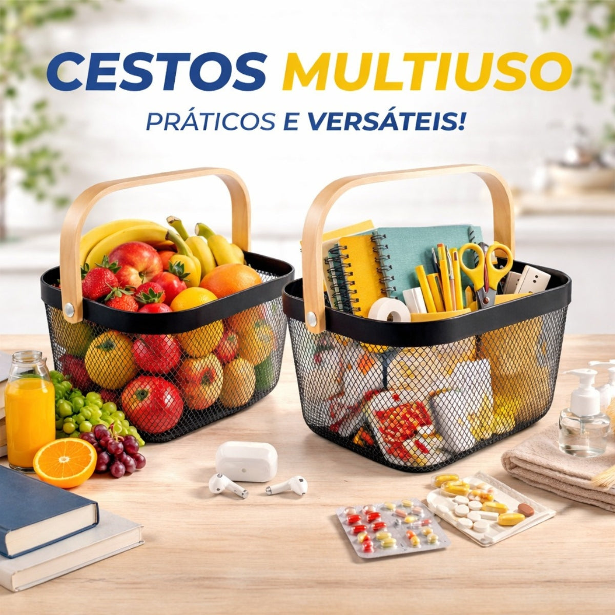 Cesto Multiuso Decorativo Metálico Porta Utensílio c/ Alça