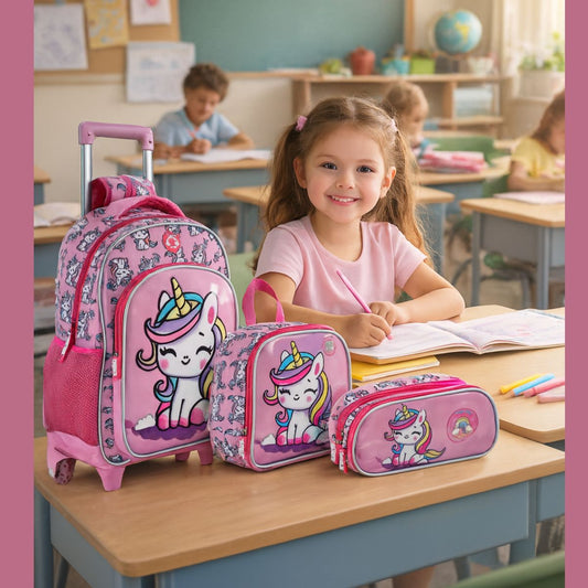 Kit Mochila Escolar Creche Unicórnio Estojo Lancheira Térmica