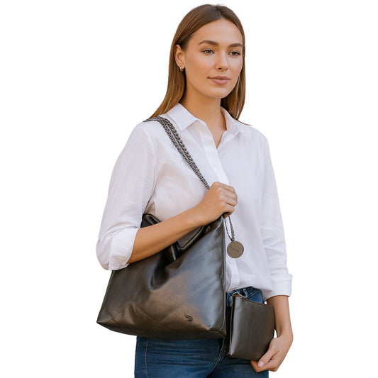 KIT Bolsa Feminina Saco Alça Correntes Necessaire