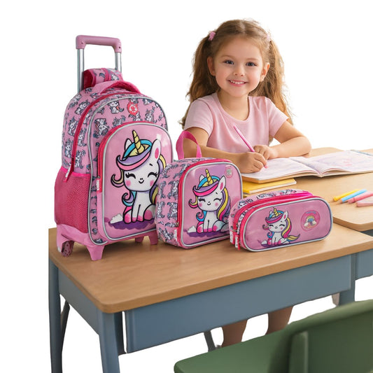 Kit Mochila Escolar Creche Unicórnio Estojo Lancheira Térmica