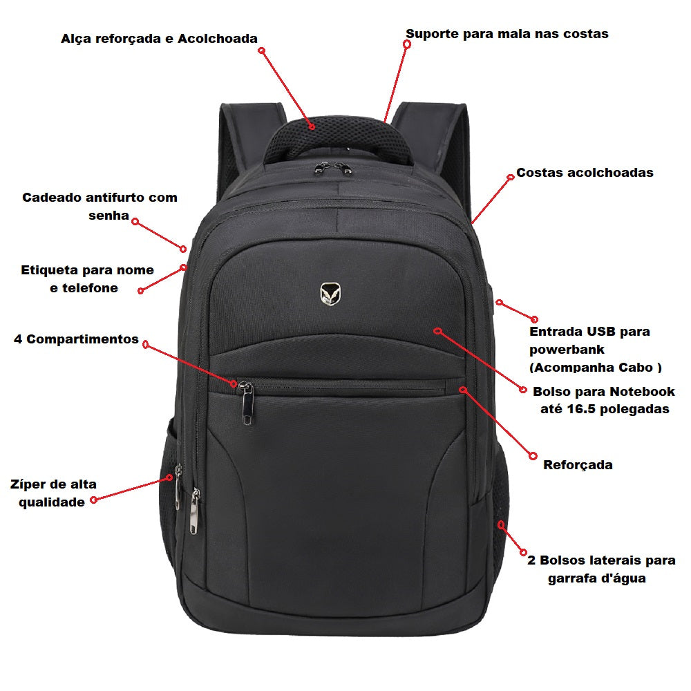 Mochila Notebook Executiva 16.5/POL Trabalho Urbano AntiFurto com Senha