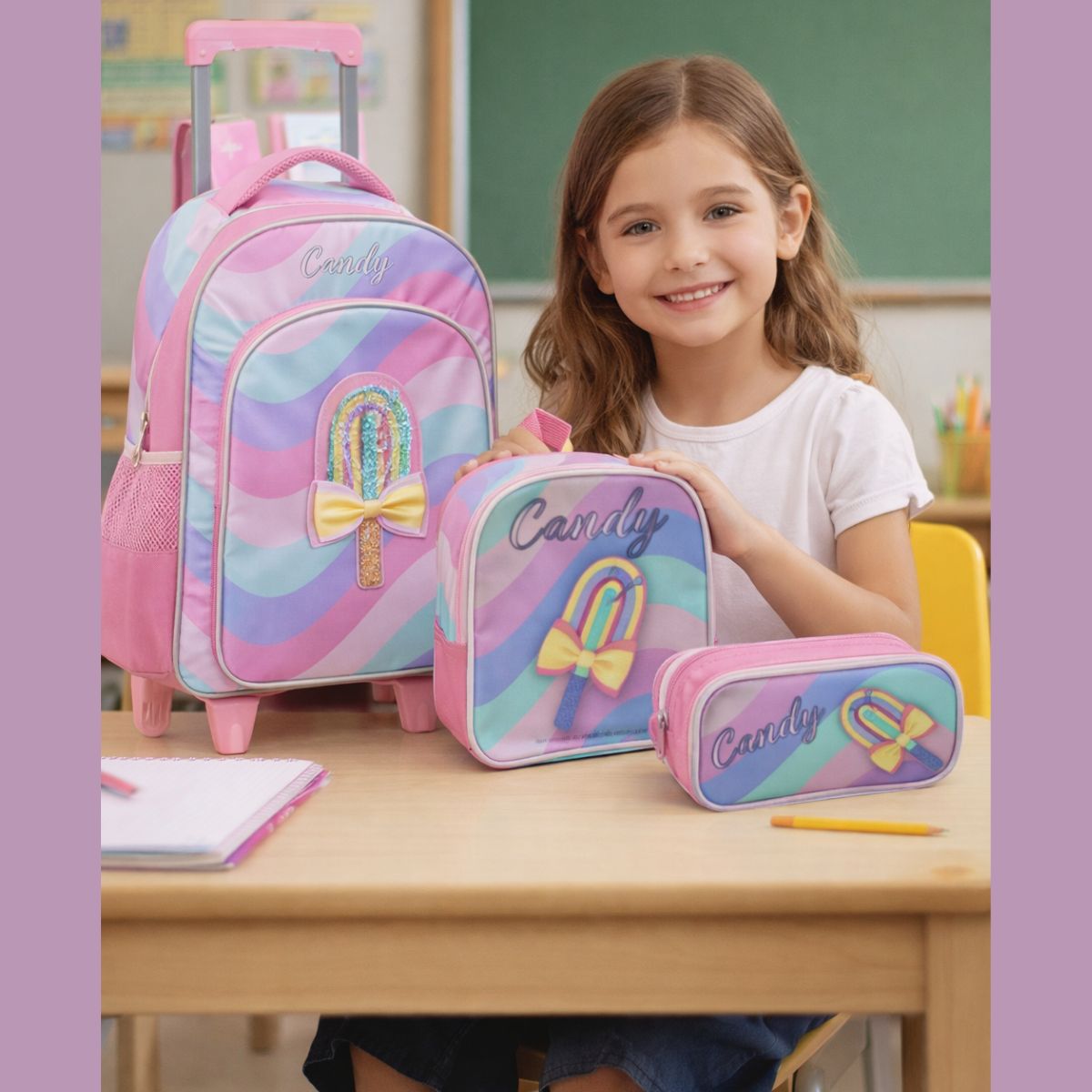 Kit Mochila Infantil Candy Sorvete Menina Estojo Lancheira Térmica