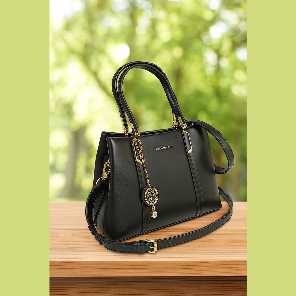 Bolsa Feminina Preta Golden Fenix Executiva com Alça Longa e Chaveiro Gatinho