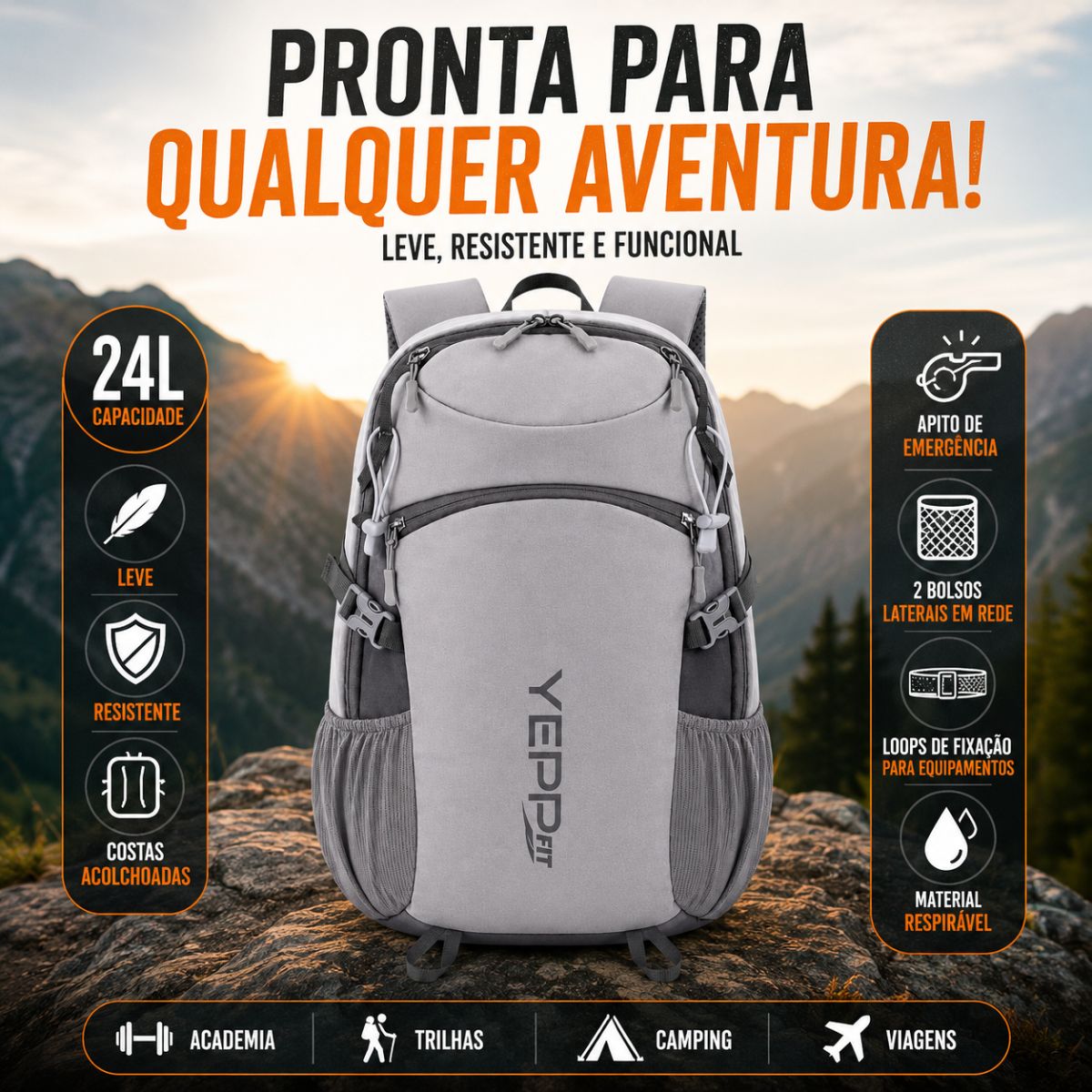 Mochila Esportiva 24L Poliéster Academia Camping Reforçada