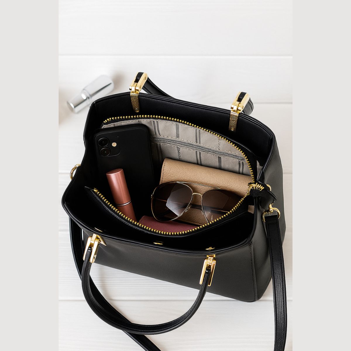 Bolsa Feminina Preta Golden Fenix Executiva com Alça Longa e Chaveiro Gatinho