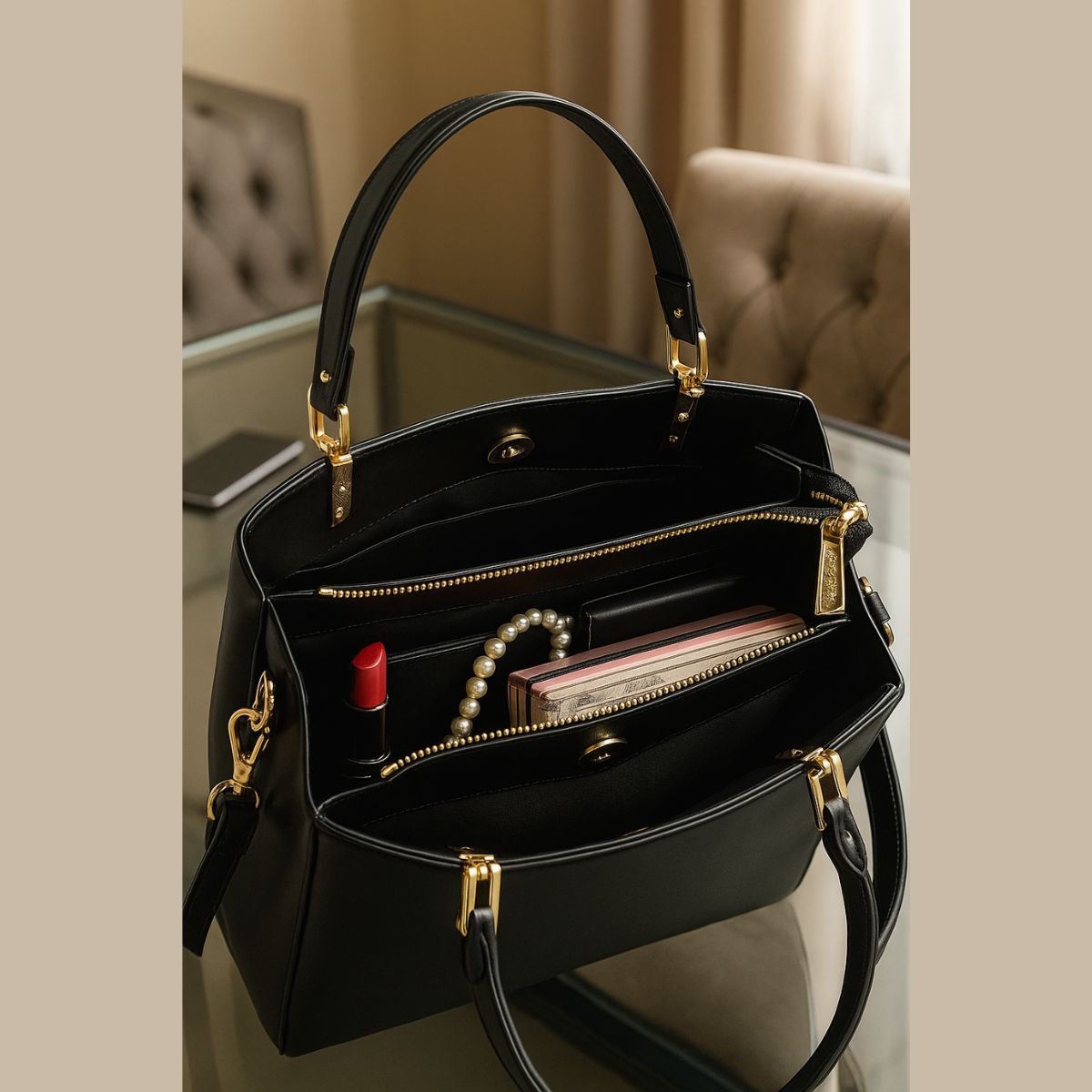 Bolsa Feminina Preta Golden Fenix Executiva com Alça Longa e Chaveiro Gatinho