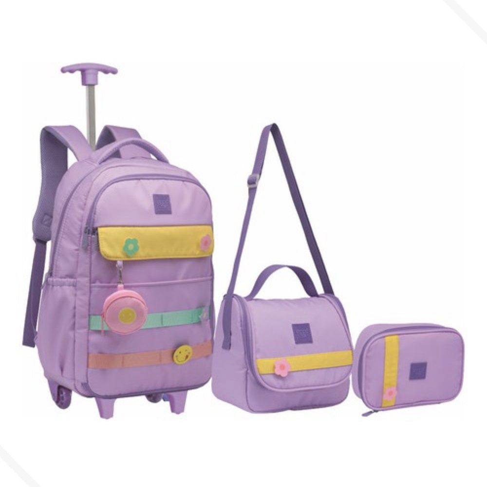 Kit Mochila Escolar de Rodinhas Infantil Lancheira + Estojo