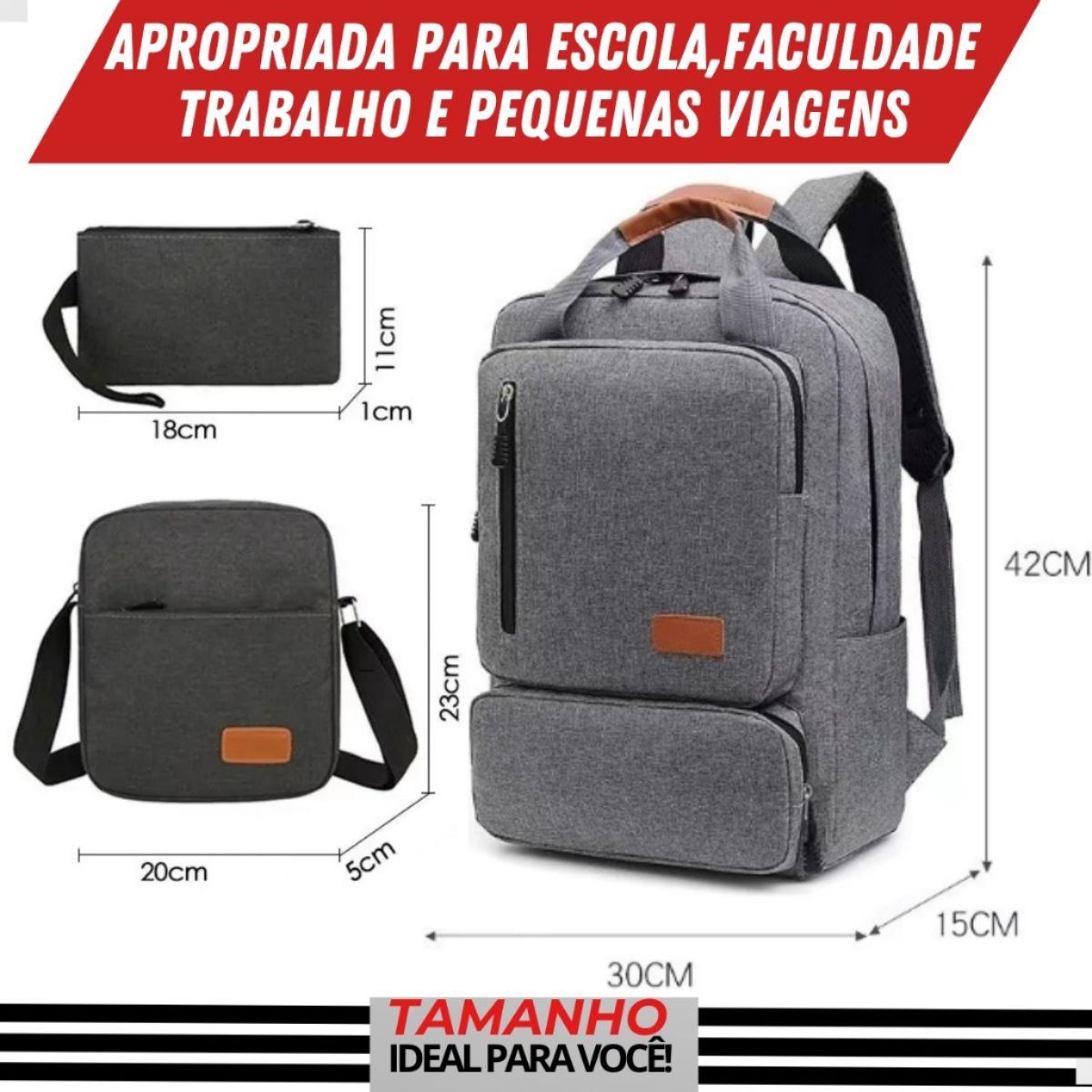 Kit 3 Itens Mochila Versátil Notebook ou Escritório Escolar até 15,6 Polegadas